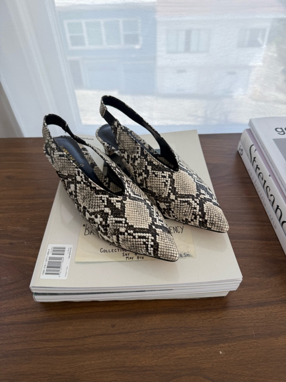 Source Unknown Snake Print Slingback Mules in Black and Cream